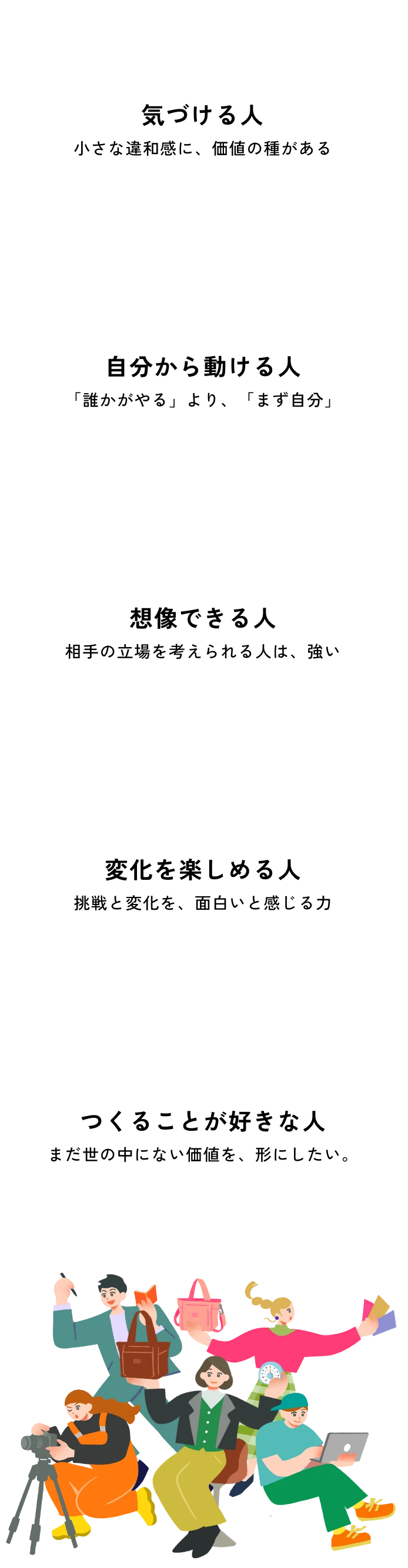 求める人材像：01 気づける人／02 自分から動ける人／03 想像できる人／04 変化を楽しめる人／05 つくることが好きな人